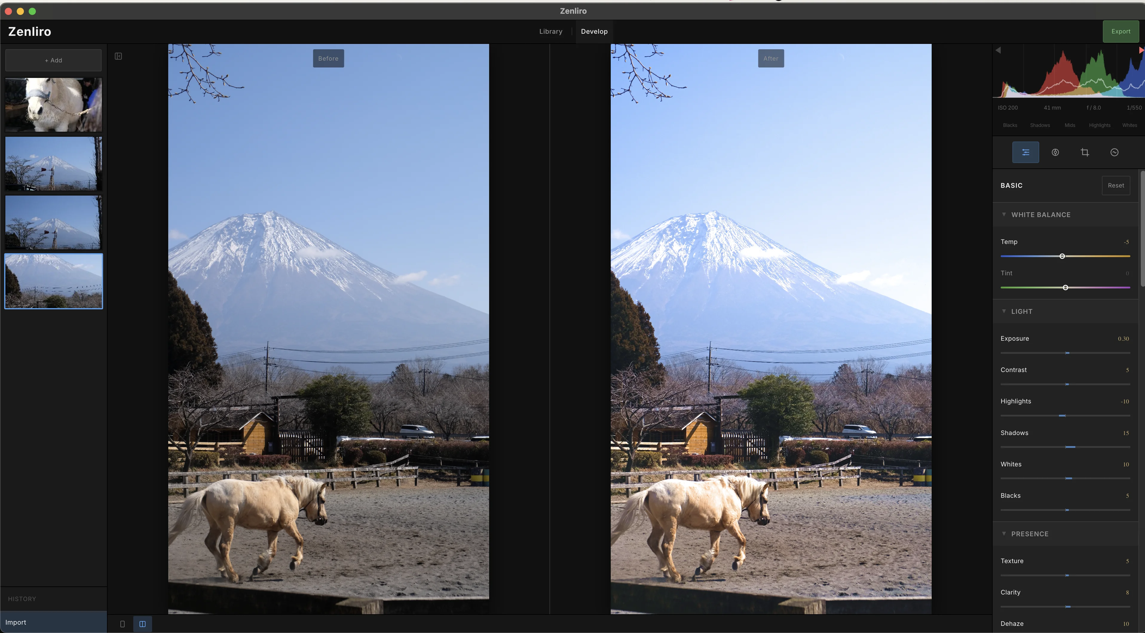 Zenliro before/after compare mode