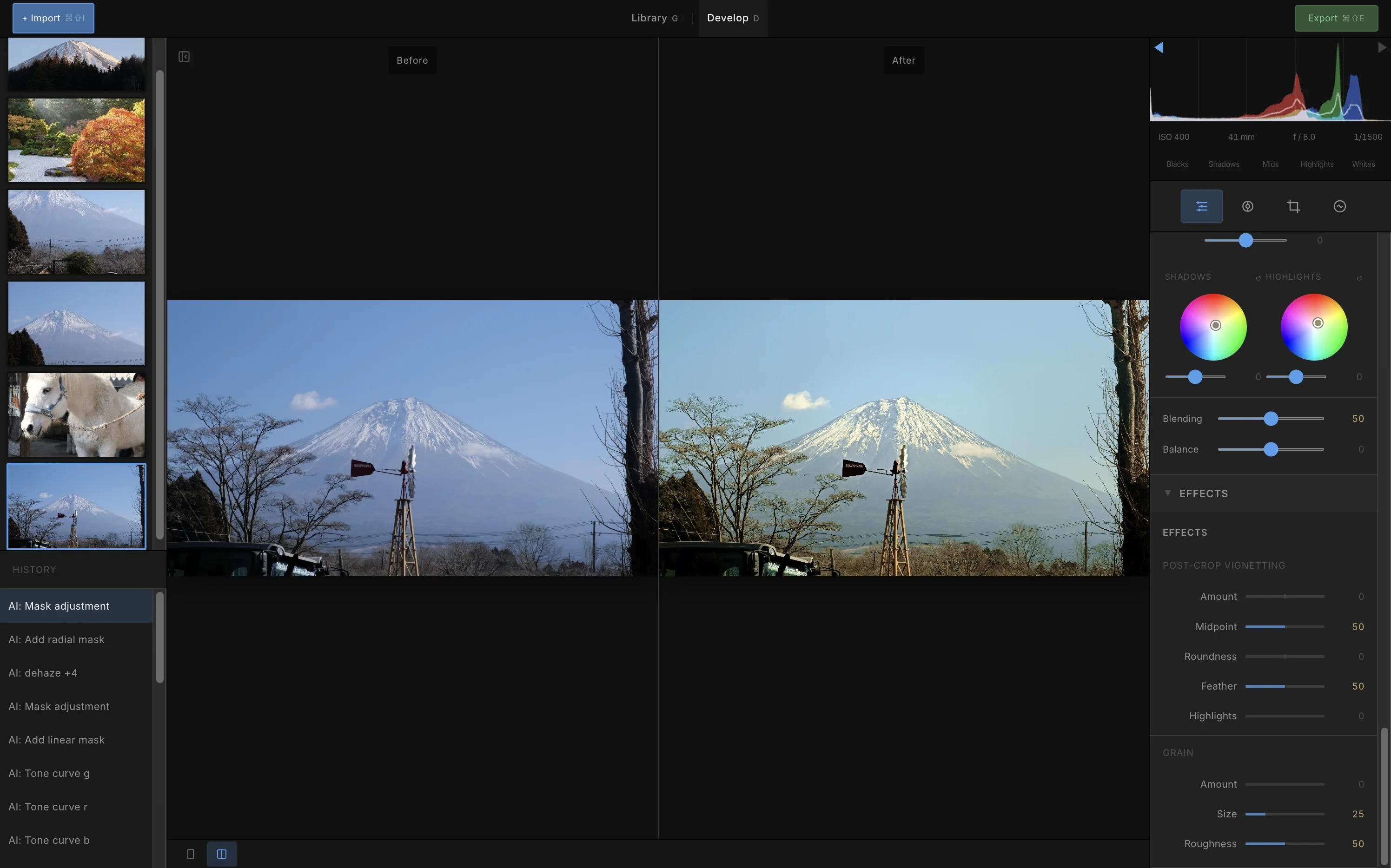 Zenliro before/after compare mode
