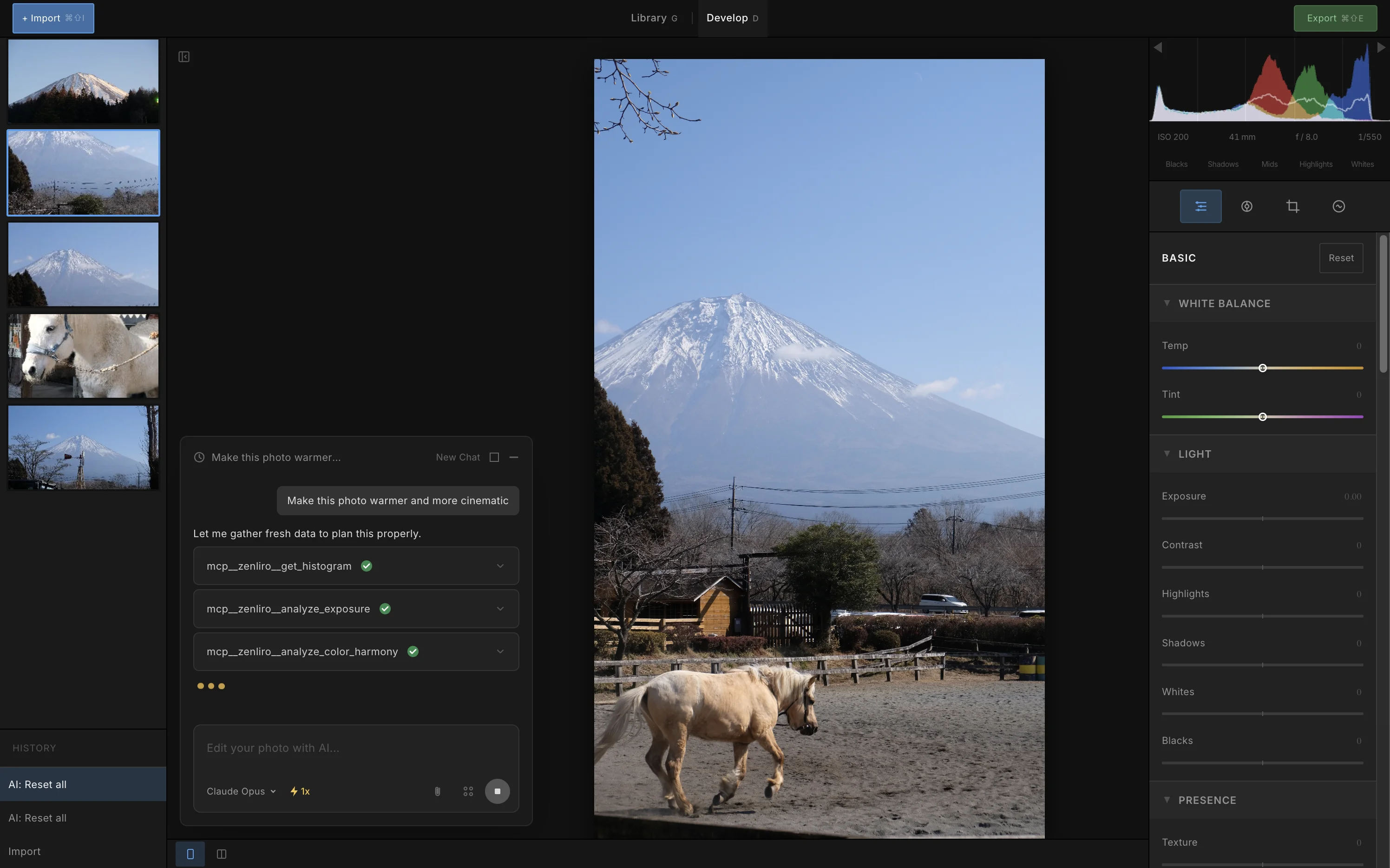 Zenliro editing workspace with Develop panels